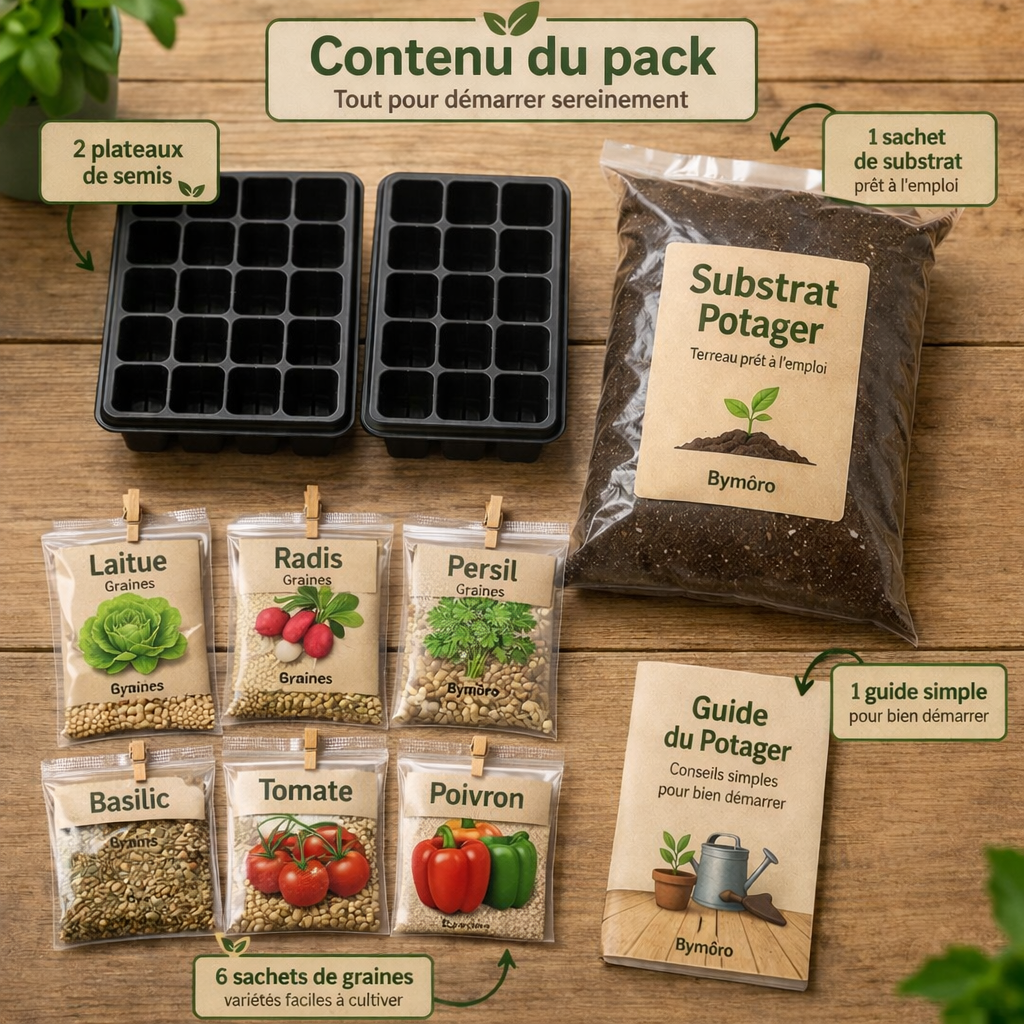 Contenu du pack potager débutant avec graines, plateaux et substrat