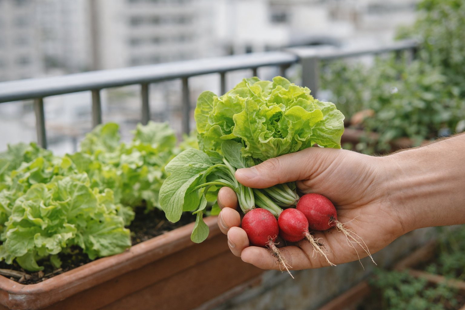 Récolte de laitue et radis sur balcon potager débutant